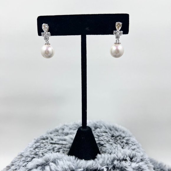 White 14K and Sterling Silver CZ Drop Faux Pearl Earrings - Picture 2 of 6